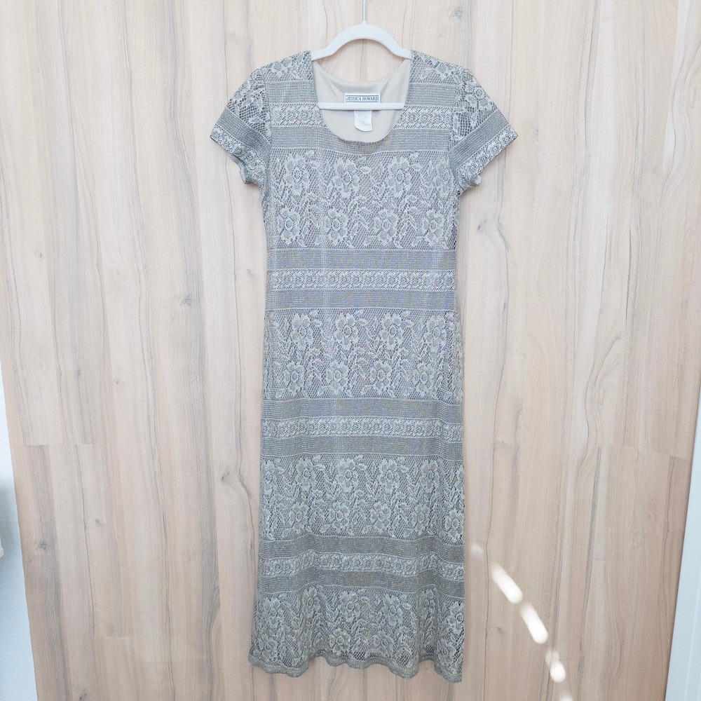 Vintage Lace Maxi Dress 10P Silver Metallic Lace Floral Retro Romantic Classic